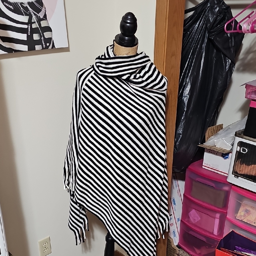 Striped Black and White Poncho